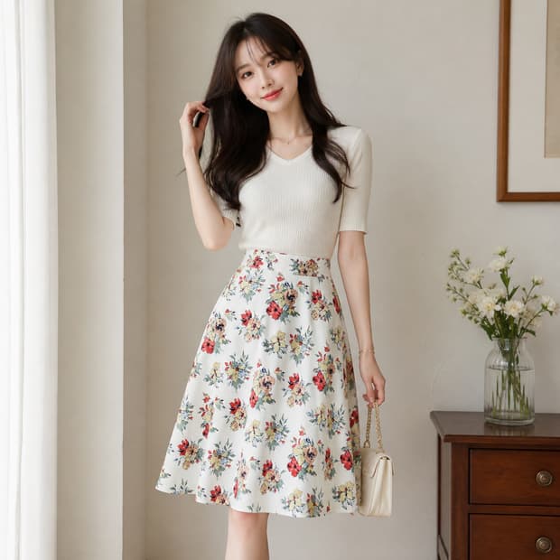 [로페피크닉] 화사한 수채화 플라워 밴딩 스커트 (Size 38)