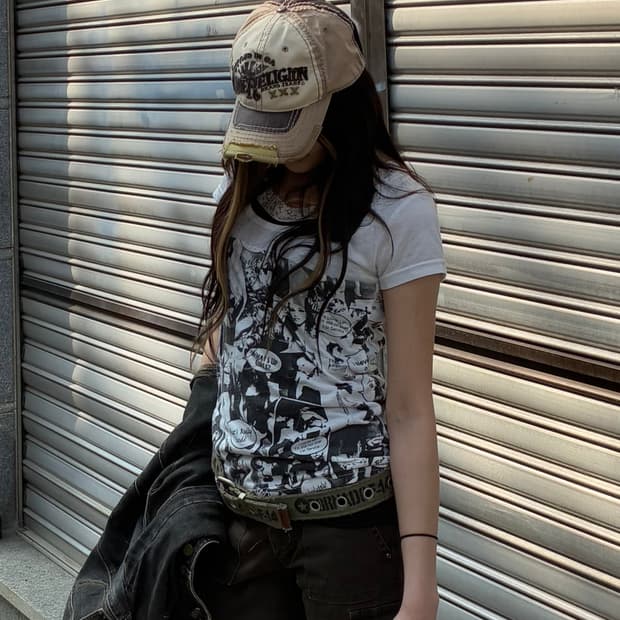 OS)Lip survice vintage 여성 프린팅 화이트 반팔 티셔츠