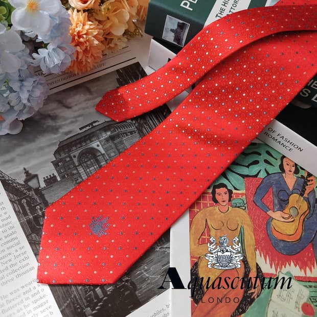 아쿠아스큐텀 실크 다홍 도트 패턴 넥타이 8.8cm S~A+등급 E934