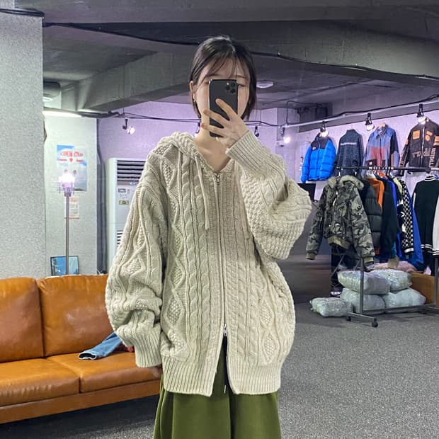 트릴리온 케이블 니트 후드 집업 B2996