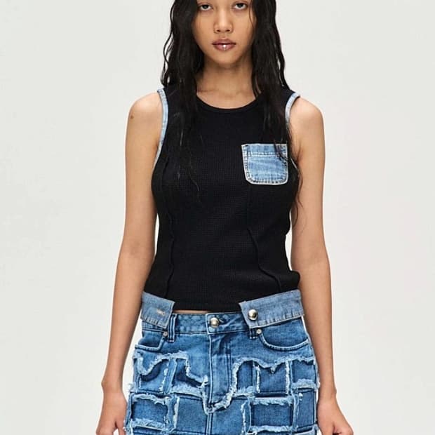 Waffle denim sleeveless