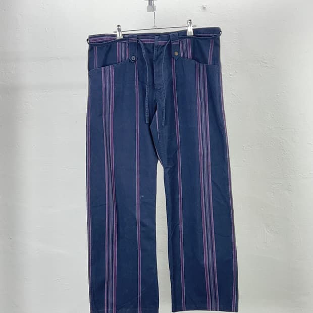 디젤 네이비 드리즐 와이드 드로우 스트라이프 코튼 팬츠