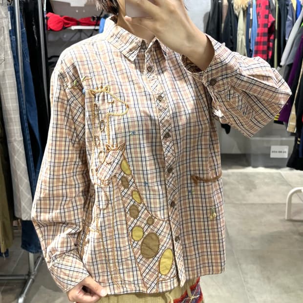 일본 빈티지 모리걸 기린자수 체크 셔츠