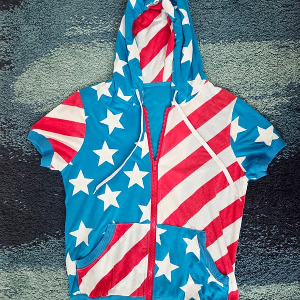 Y2k 미국 국기 반소매 아메리카 프린팅 후드집업