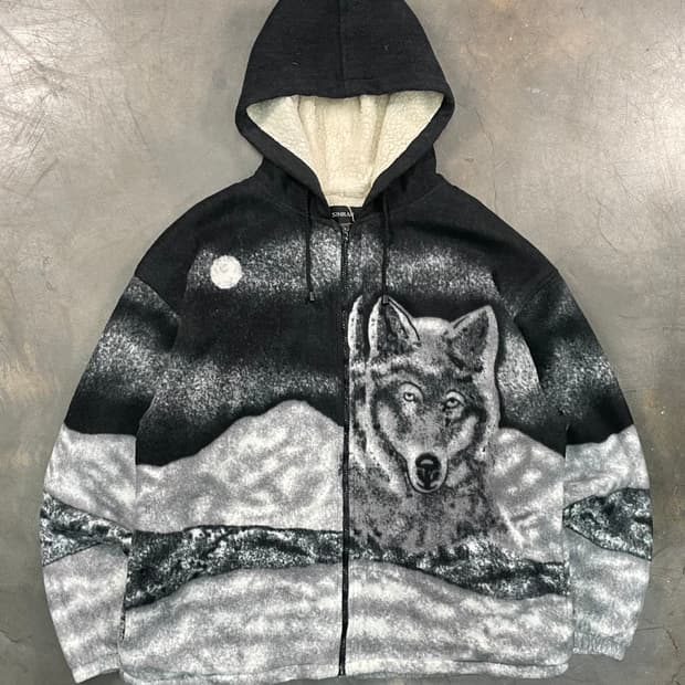 빈티지 울프 아트 플리스 후드 자켓