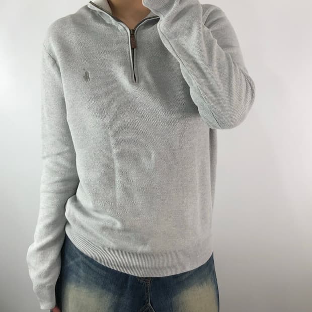 [M] 폴로 라이트그레이 반집업 코튼니트