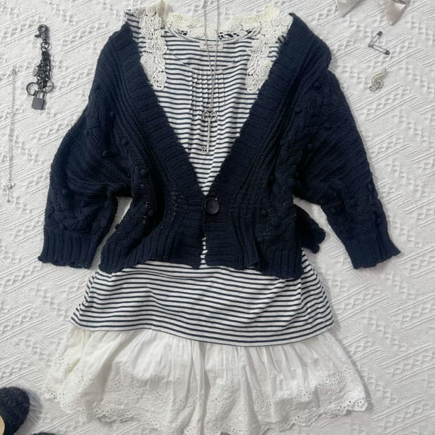 폼폼 원 버튼 레이어드 슬리브리스 가디건 2pcs SET