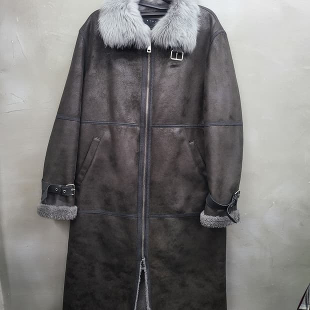 시슬리 양가죽 양털 무스탕 롱 코트 퍼 카라