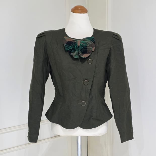 일본빈티지)고딕로리타st 양복 로맨틱 체크리본 카키 다크그린 마이크롭자켓