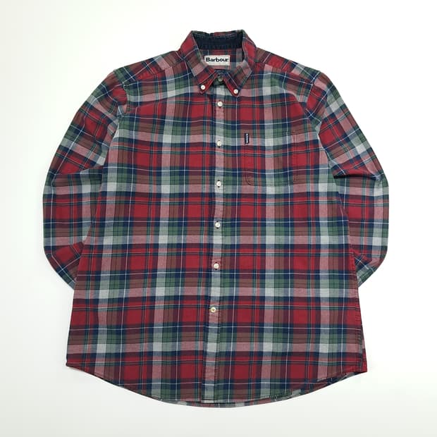 CN952 L 바버 버건디그린 타탄체크 플란넬 긴팔 셔츠 남방