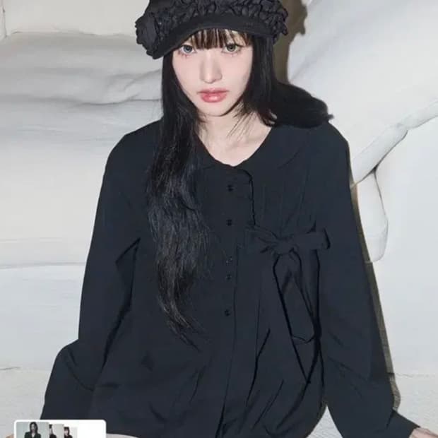 일리고 리본 플리츠 블라우스 블랙