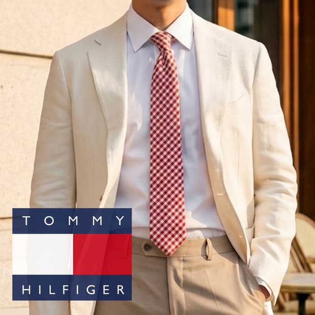 타미 힐피거 실크 레드 체크 패턴 넥타이 7cm A등급 E884