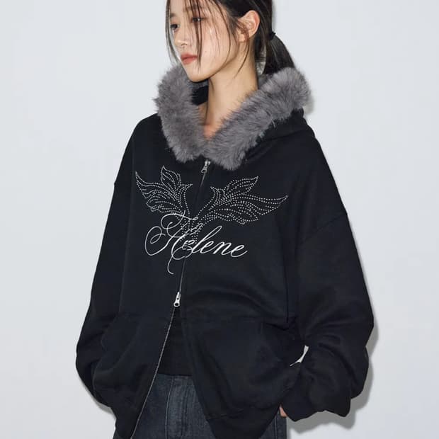 헬레네파리스 엔젤 레터링 퍼 트리밍 후드 집업