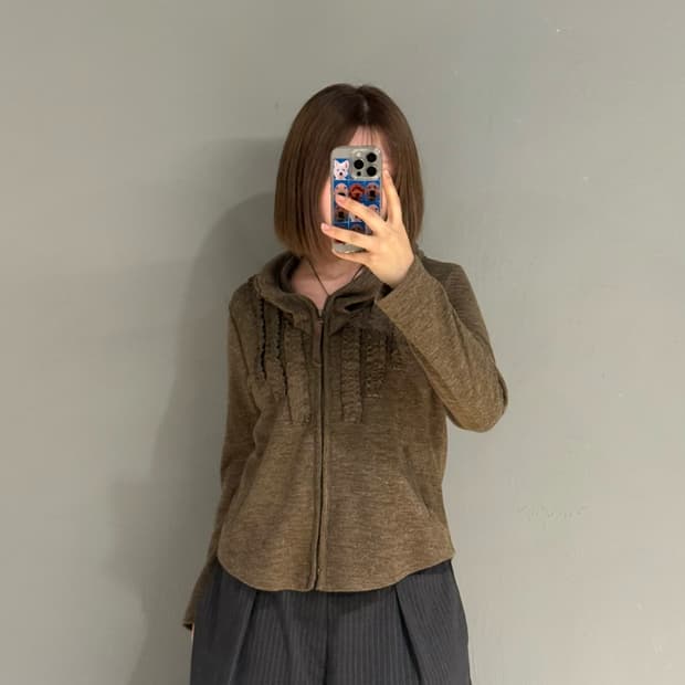 frill detail hidden hood zip-up