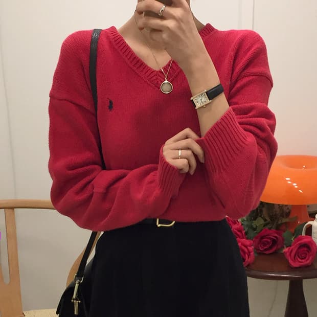 여성 폴로 스웨터 브이넥 100