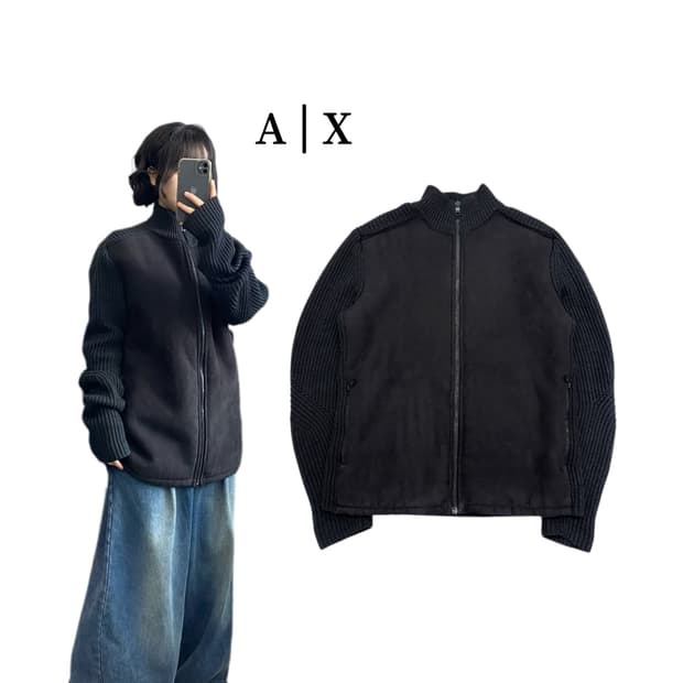 아르마니 익스체인지 스웨이드 니트 집업 블랙