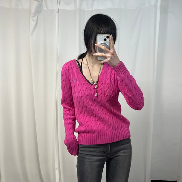 Polo Pink V-Neck Cable Knit