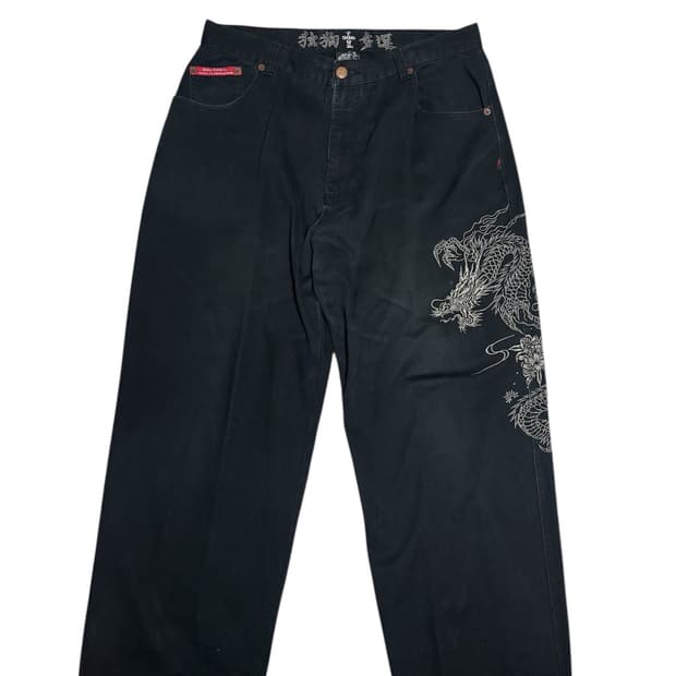 도그타운 dogtown 블랙 오리엔탈 용 자수 와이드 배기팬츠