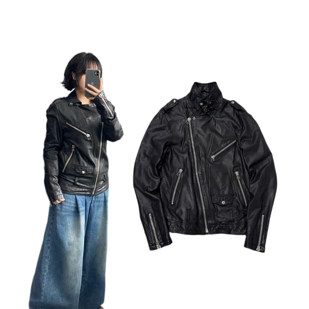 바이커 리얼레더 양가죽 사선 라이더 가죽자켓