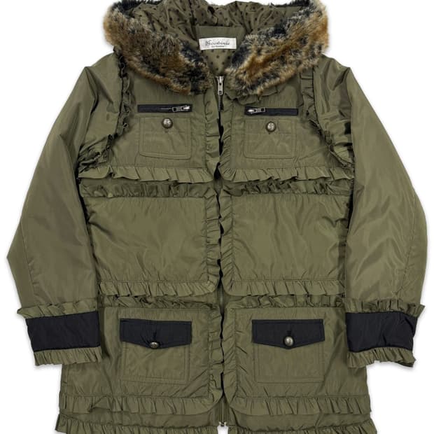 빈티지 Soobinie 카키 프릴 퍼 후드 패딩