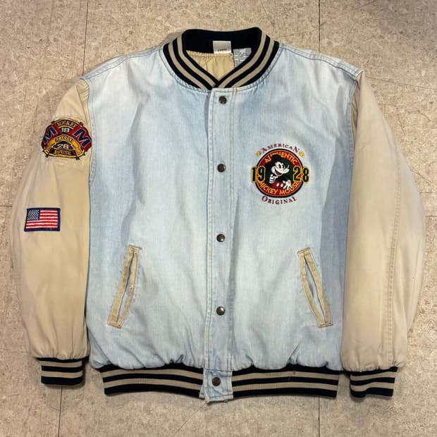 90s 디즈니 미키마우스 데님 자수 바시티 자켓