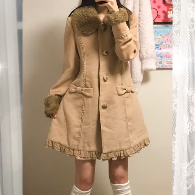 빈티지 엑시즈팜 리본 레이스 퍼 원피스 코트 히메갸루 로걀 라떼 공겜여주