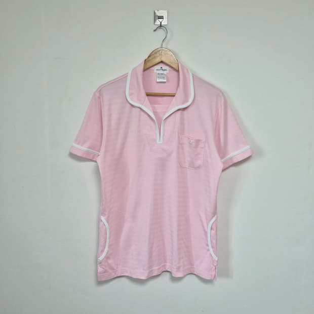 꾸레쥬Courreges 핑크 트리밍 반팔 카라티 L - T227