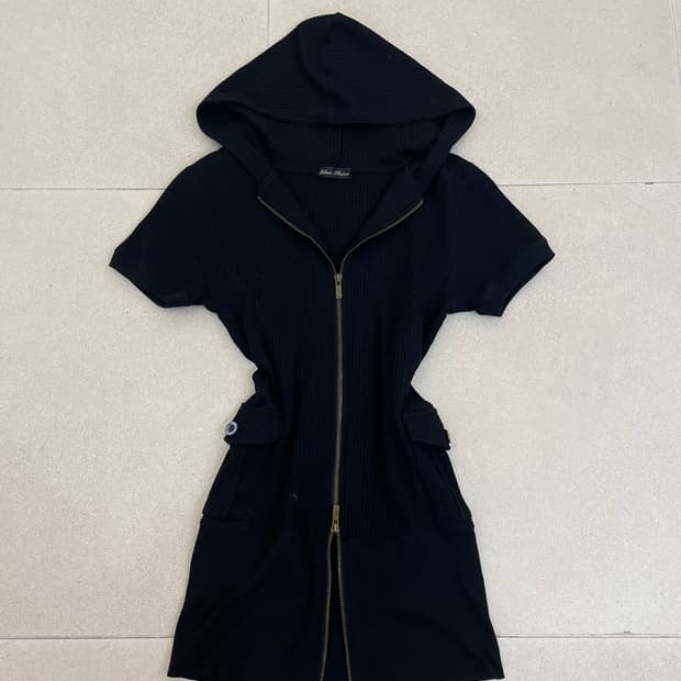 블랙 와플 후드 롱 집업