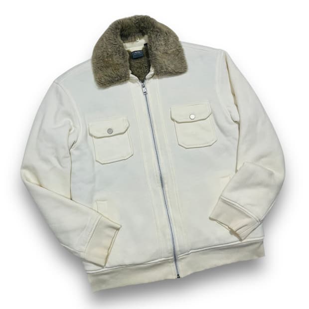 아르마니 익스체인지 크림 트리밍 퍼 봄버 재킷