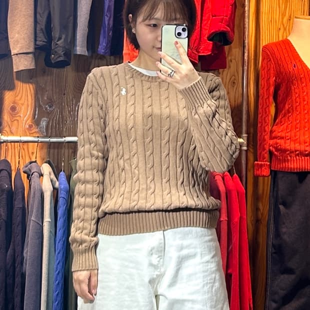 L 폴로랄프로렌 화이트 포니 브라운 케이블 니트