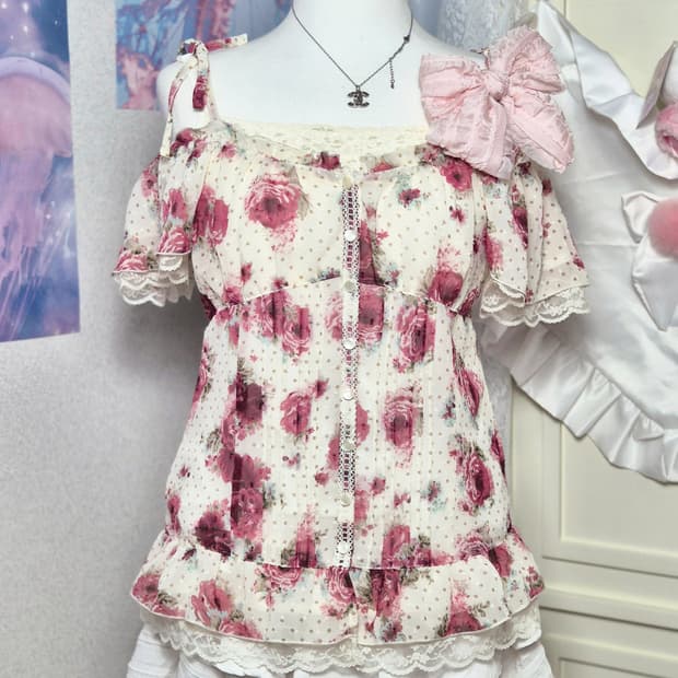 도트 플로럴 레이스 오프숄더 히메카지 히메갸루 3세트 리즈리사깔