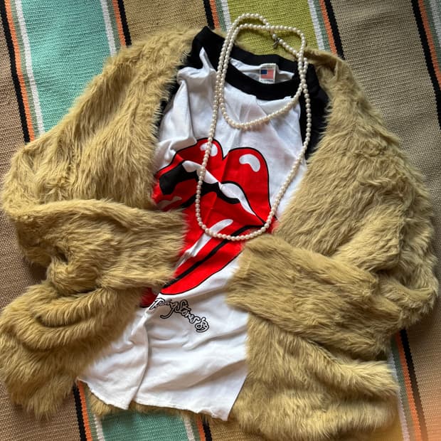 빈티지 그런지무드 골드 베이지 브라운 퍼 오픈 니트 가디건 아우터 