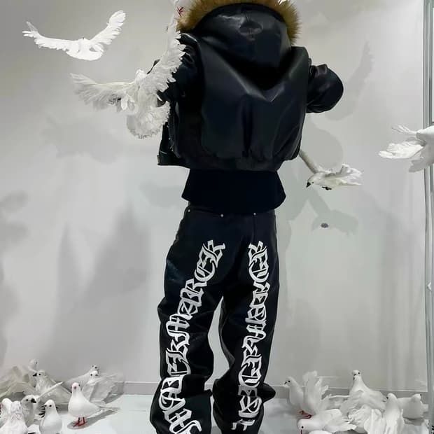 GROUPMAREK 레터링 와이드 레더 팬츠