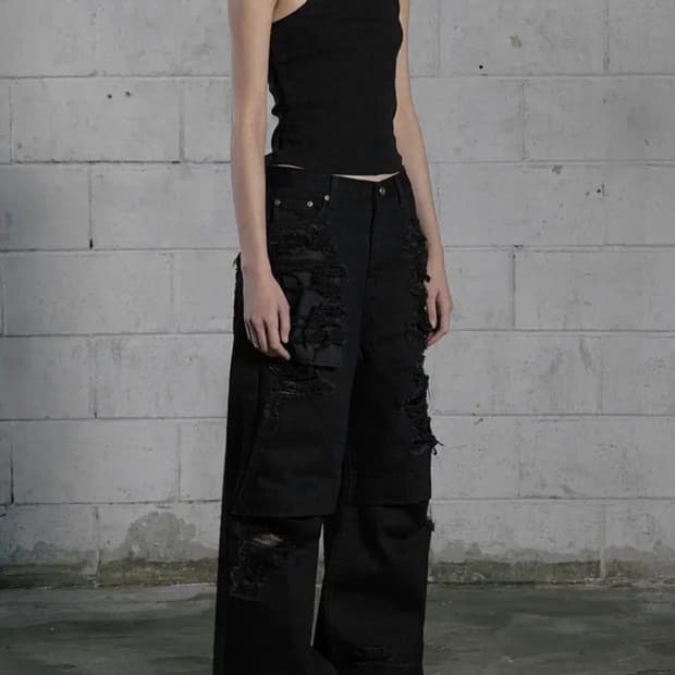 보헤미안서울 니 오픈 와이드 데미지 팬츠 블랙