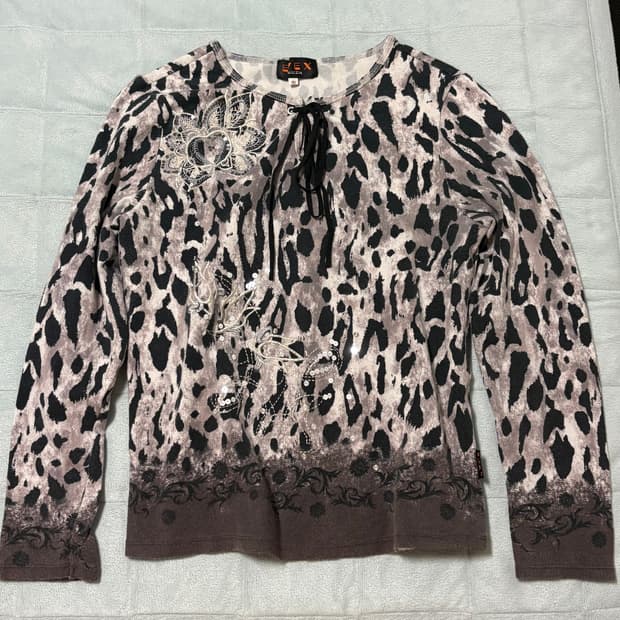 빈티지 갸루 레오파드 호피 리본 롱슬리브 딱붙티 오네갸루 쿠로갸루