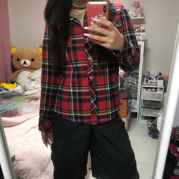 빈티지 레드 체크 퍼 안감 셔츠