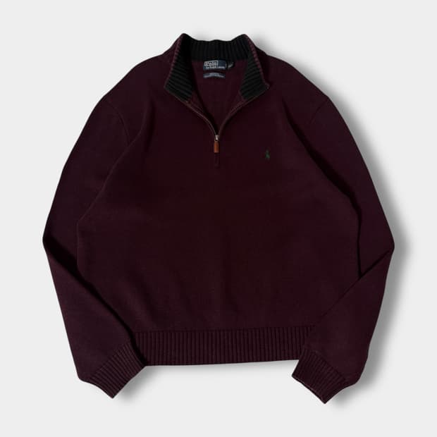 폴로 랄프로렌 오버사이즈 딥버건디 코튼 하프집 니트