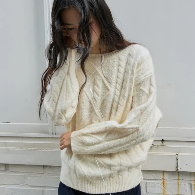 미치코런던 피셔맨 케이블 울 니트 크림