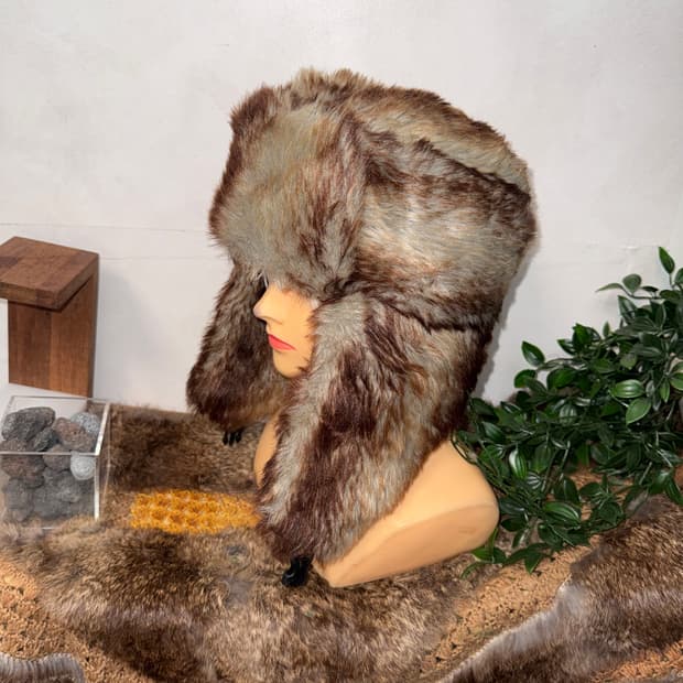 Mixed blue brown faux fur trapper hat