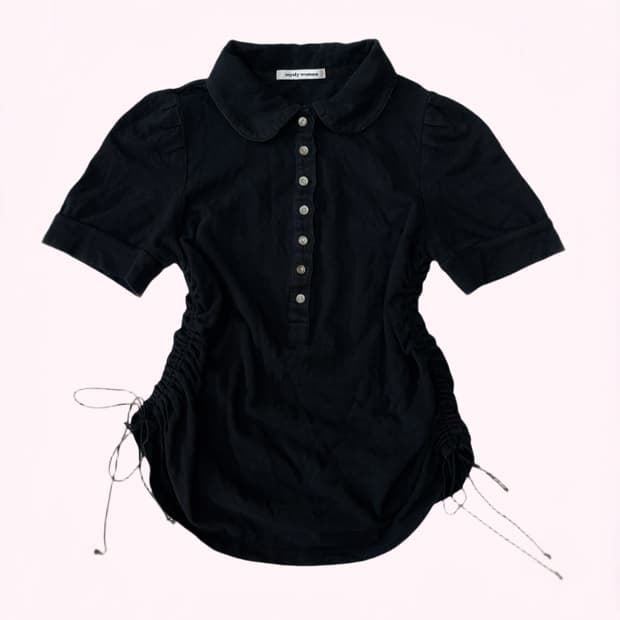 블랙 오네갸루 금장 단추 포인트 옆 셔링 카라 반팔 