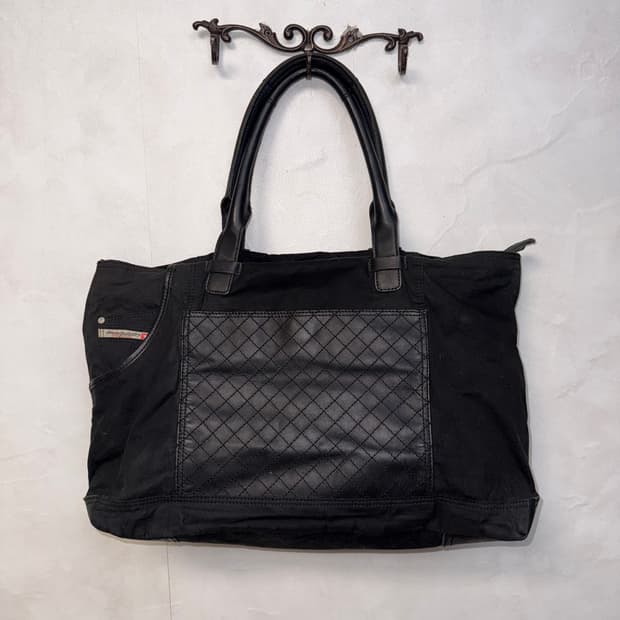 DIESEL black cotton leather boston bag