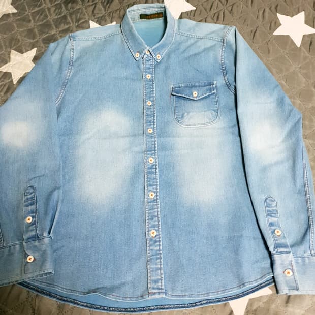 에디터 카라 버튼다운 워싱 데님 긴팔셔츠 (XL)