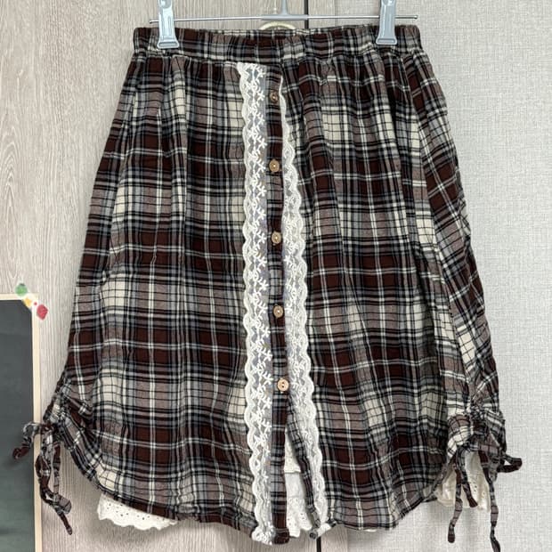 빈티지 모리걸 체크 레이스 바선생 미디 스커트