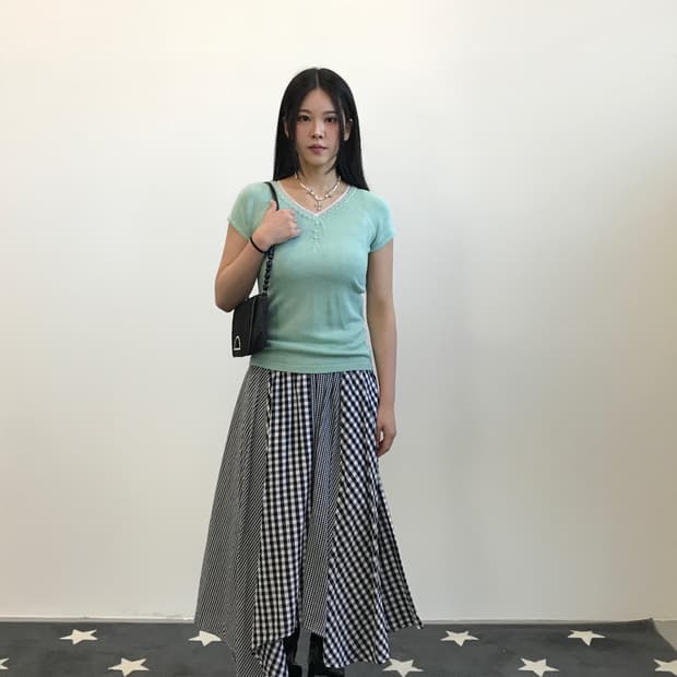 Jpn Mint Lace Trim Pearl Button Knit Top