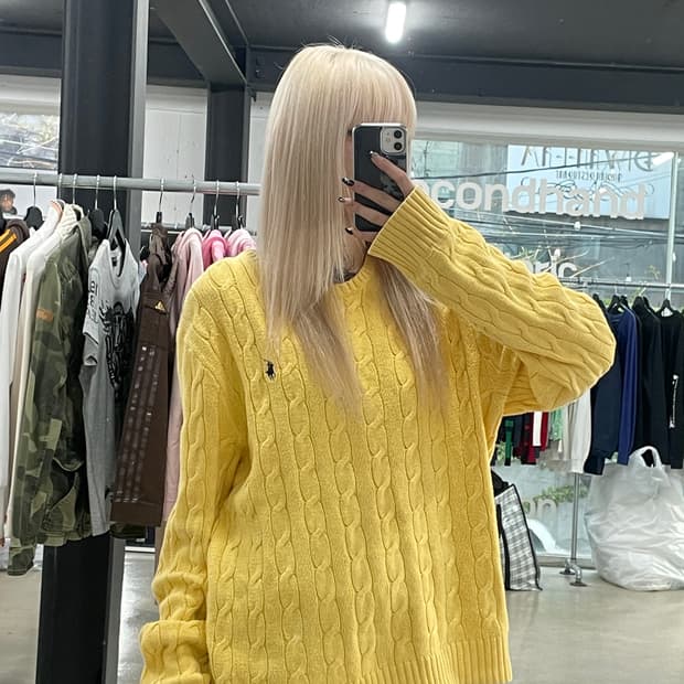 폴로 랄프로렌 옐로우 꽈배기 케이블 오버핏 니트