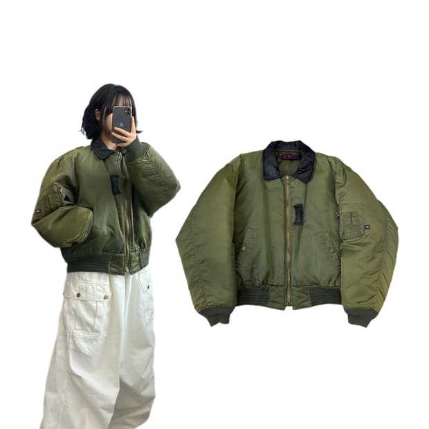 JPN 제팬 레더카라 페이딩 카키 MA-1 항공 자켓