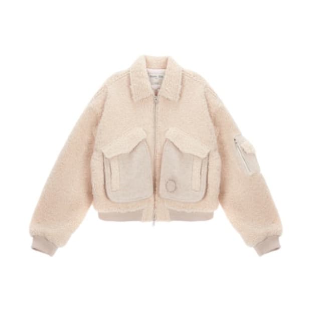 마뗑킴 니트 믹스드 테디 크롭 점퍼 베이지