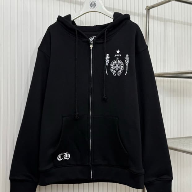크롬하츠 한정판 그래픽 스컬 백로고 집업 후드 블랙 L