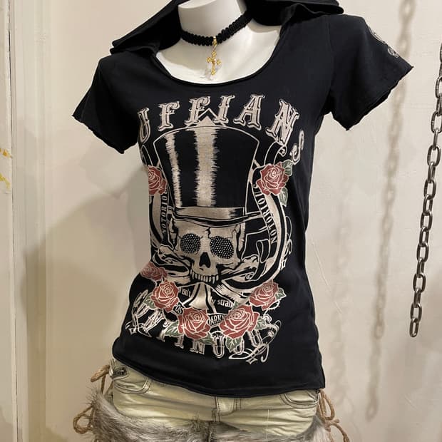 cornflake 스컬 프린트 블랙 후드 반팔 티셔츠 펑크