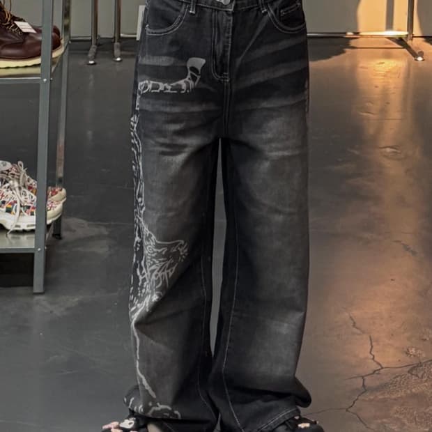 빈티지 흑청 데님 워싱 호랑이 포인트 팬츠 A1579